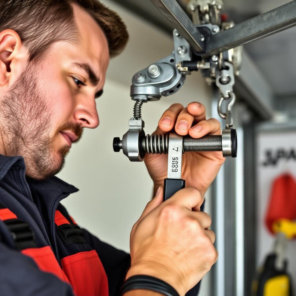 Expert technician repairing garage door spring mechanism in Charlotte area