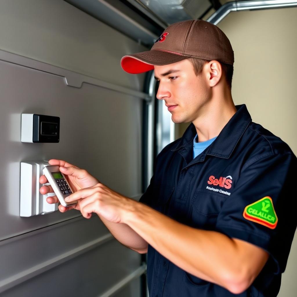 Professional garage door technician programming remote control and keypad in Monroe NC
